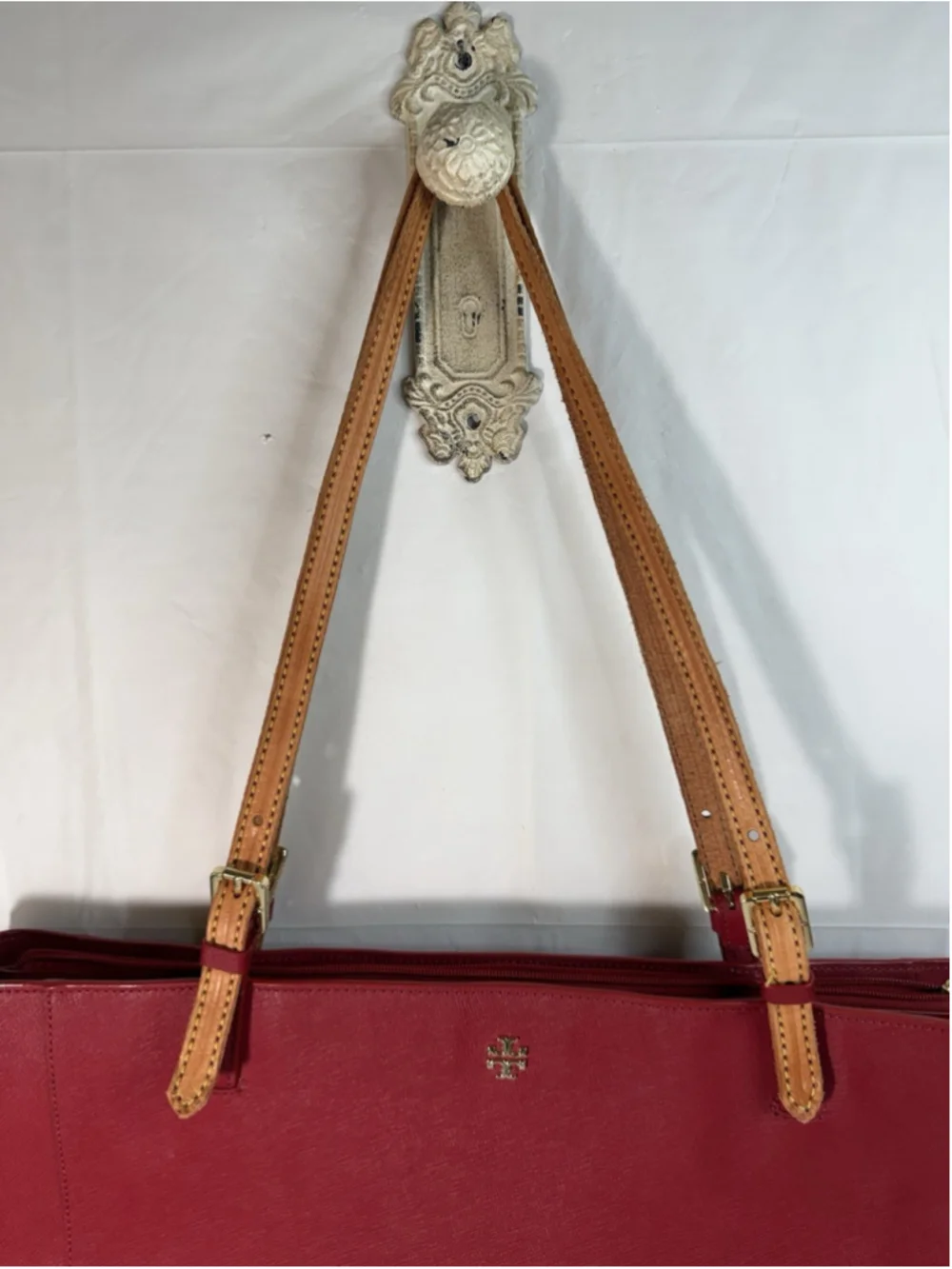 Tory Burch Buckle Large Red Saffiano Leather Laptop Tote Bag Purse new